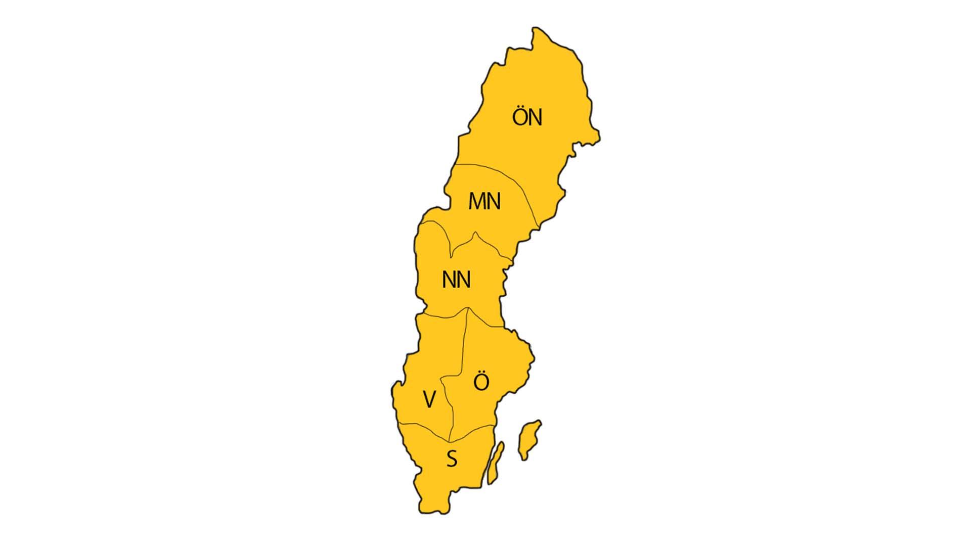 En kart på Sverige med markeringar för vilket distrikt som täcker vilken del av Sverige.